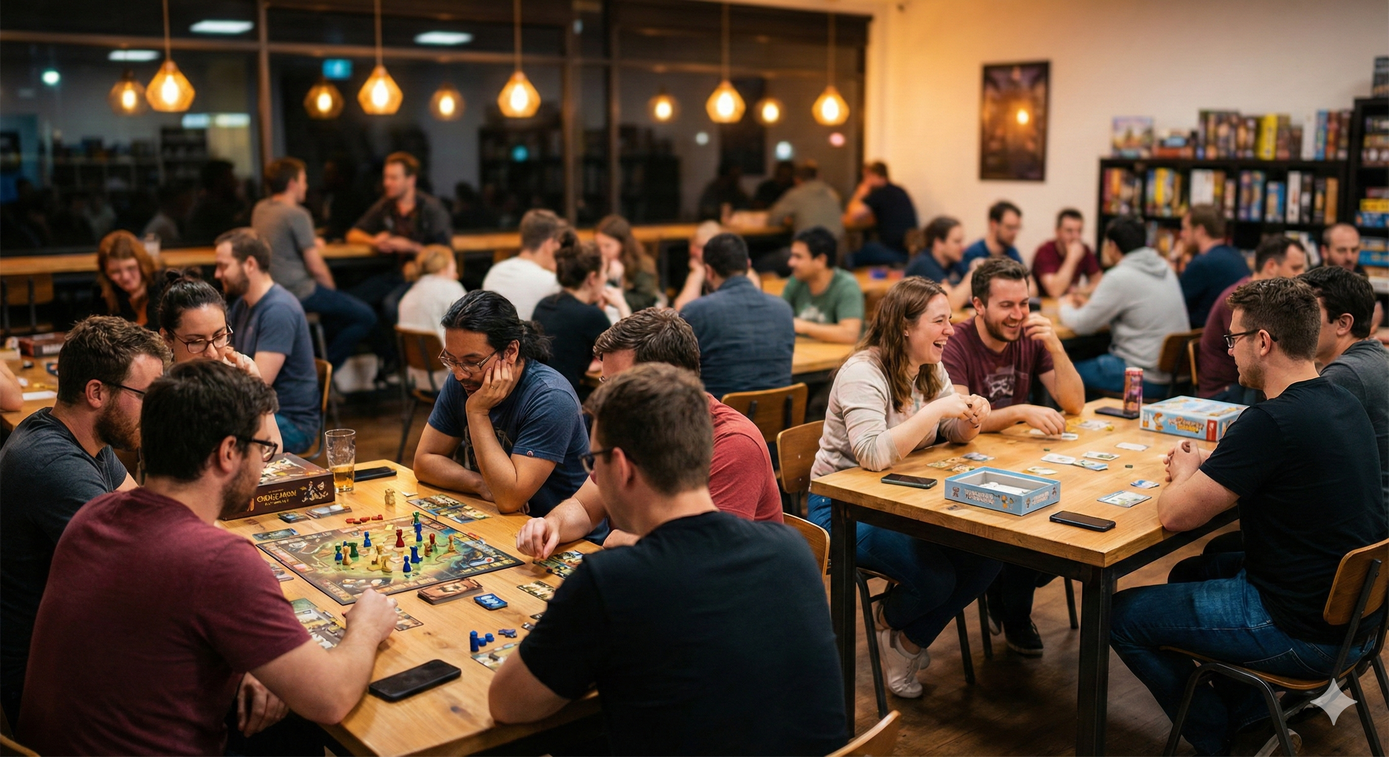 Bustling board game café with diverse gamers