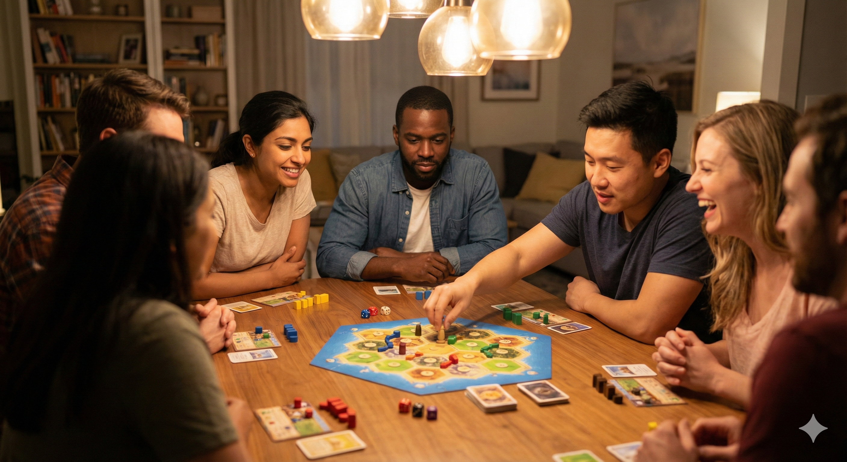 Diverse group of friends playing board games together